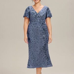 Women’s Dusty Blue V-Neck Sequin Midi Dress